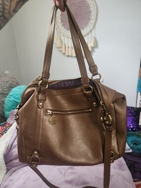 Coach Alexandra Convertible Pebbled Leather Satchel In Metallic Bronze